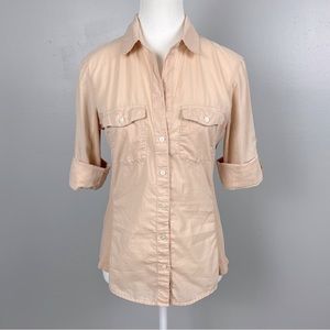 Standard James Perse peach ribbed detail roll sleeve button front shirt, size 2.